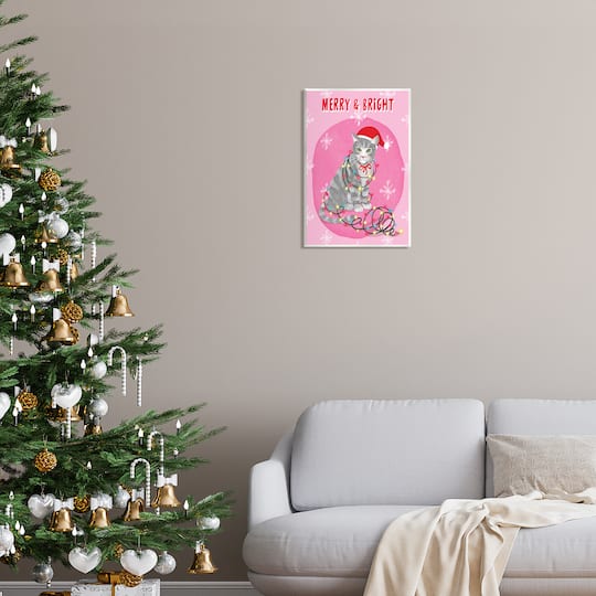 Stupell Industries Merry & Bright Christmas Cat Lights Wall Plaque Art